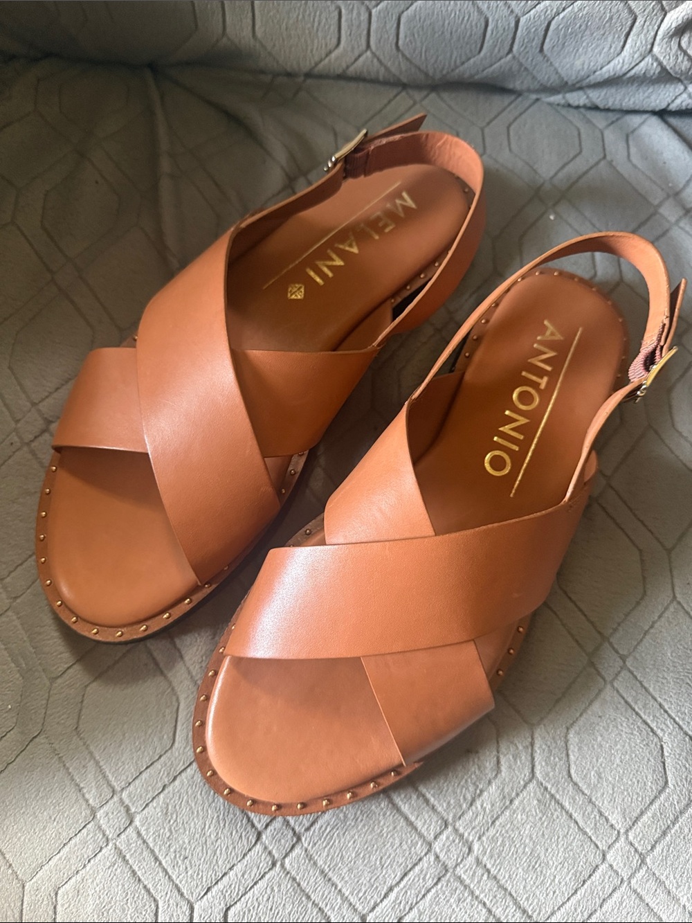 ANTONIO MELANI Cognac Leather Cross-Strap Studded Slingback Sandals